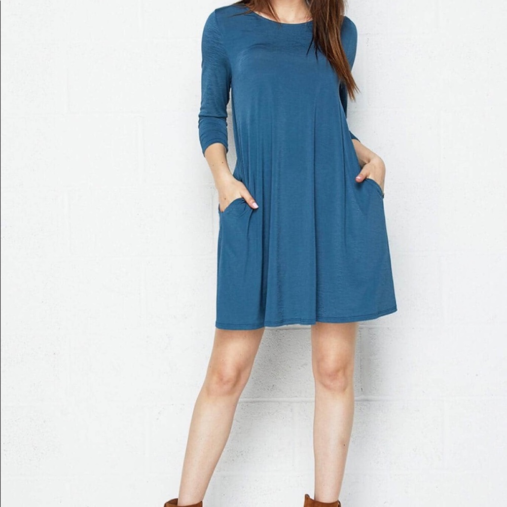 Antique Blue 3/4 sleeve Pocket Dress